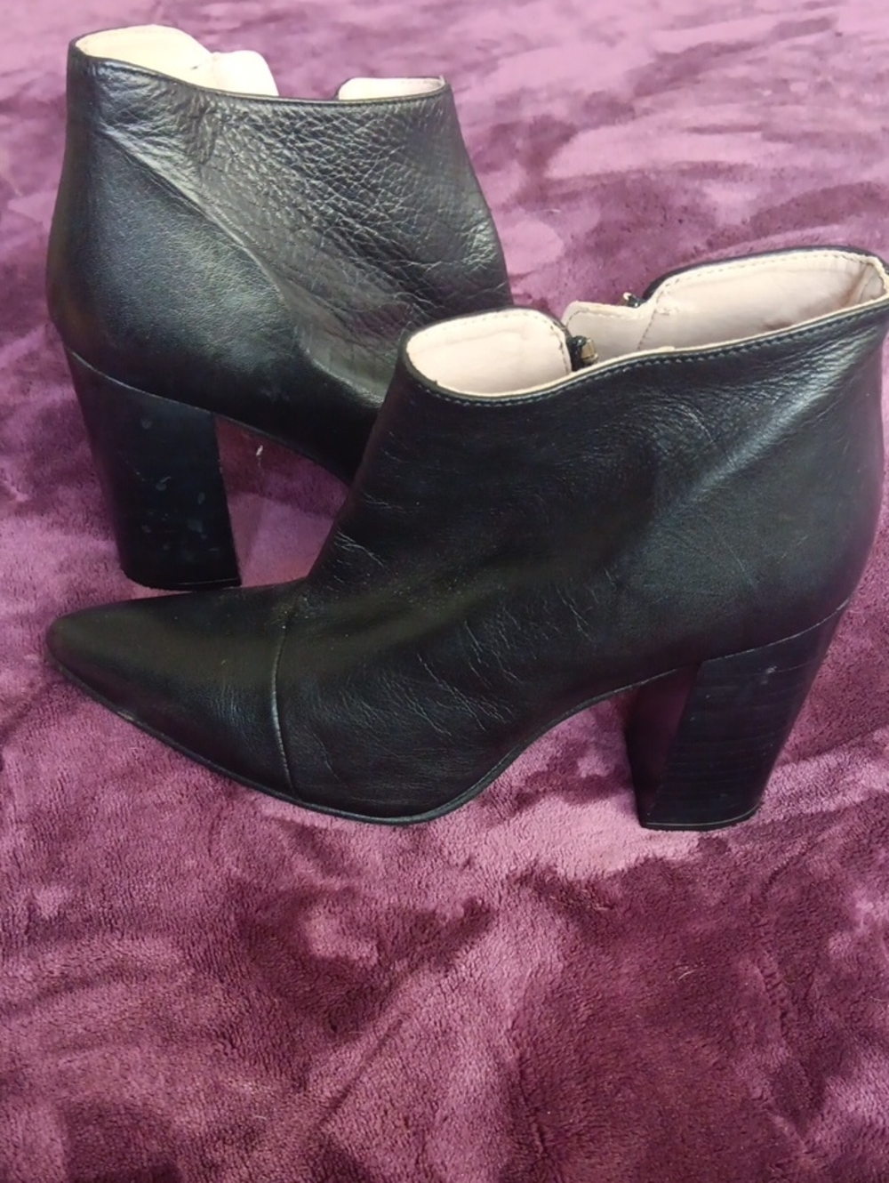 Zara Black Leather Pointed Ankle Booties with Block Heel